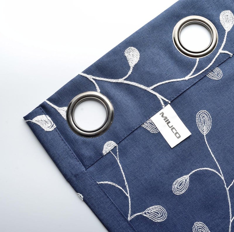 MIUCO Floral Embroidered Semi Sheer Curtains Faux Linen Grommet Curtains for Bedroom 52 x 84 Inch 2 Panels, Navy Blue - Image 4